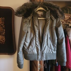 Warehouse Women's Green Jacket with Faux Fur Hood
